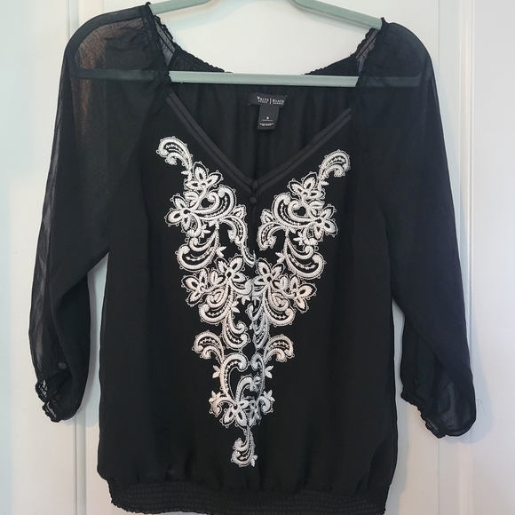White House Black Market Tops - White House Black Market White Embroidered Sheer Black Blouse Small